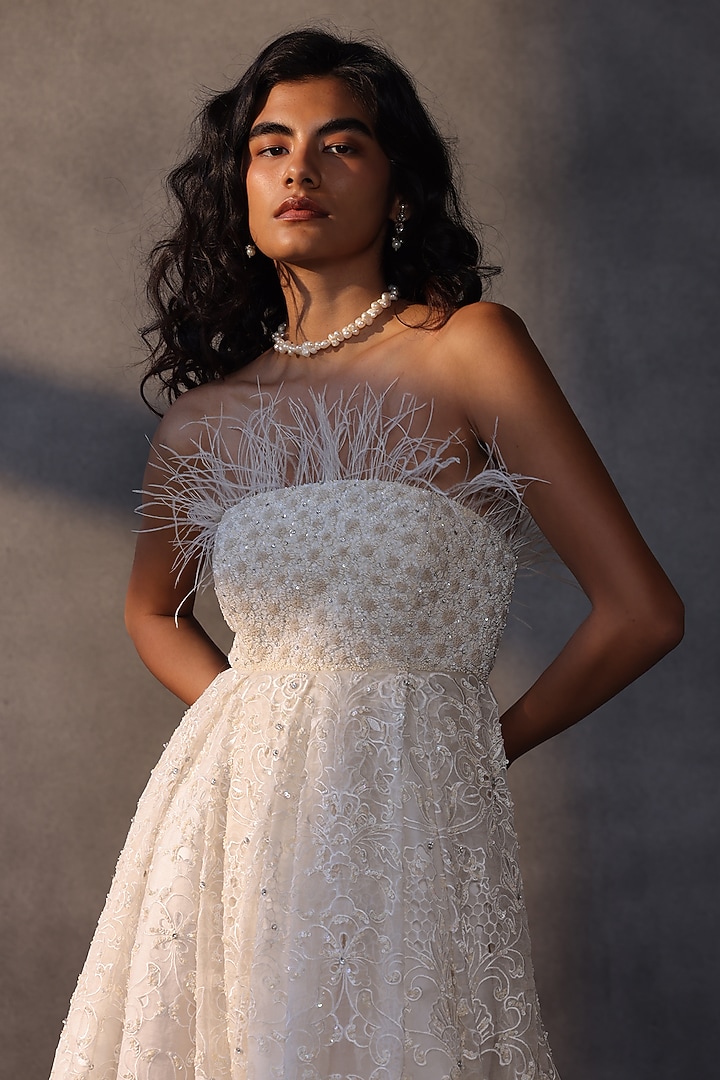 Ivory Organza Sequins Embellished Corset Bridal Gown by Payal Jain at Pernia's Pop Up Shop