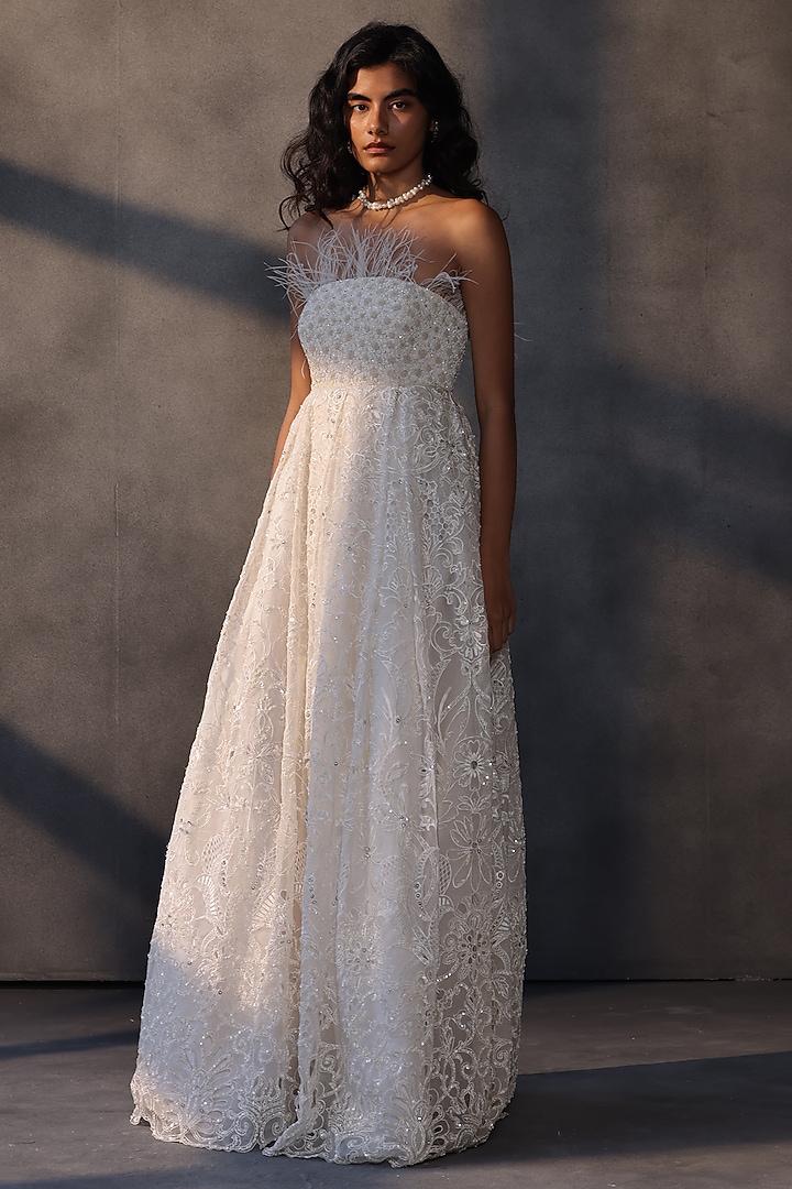 Ivory Organza Sequins Embellished Corset Bridal Gown by Payal Jain at Pernia's Pop Up Shop
