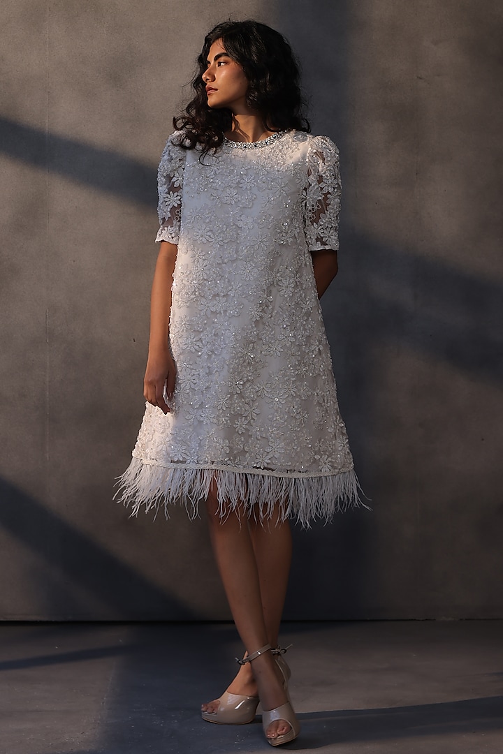 White Lace Crystal & Bead Embroidered Trapeze Party Wear Dress by Payal Jain at Pernia's Pop Up Shop