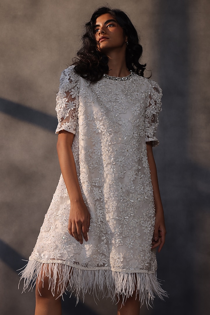 White Lace Crystal & Bead Embroidered Trapeze Party Wear Dress by Payal Jain at Pernia's Pop Up Shop