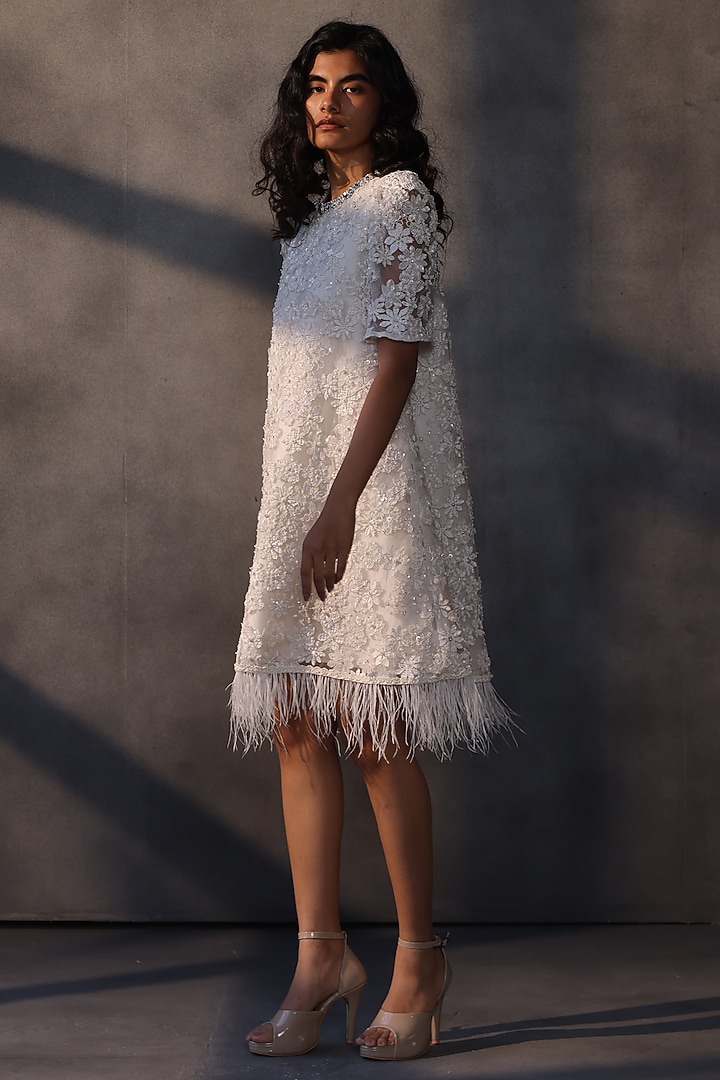White Lace Crystal & Bead Embroidered Trapeze Party Wear Dress by Payal Jain at Pernia's Pop Up Shop