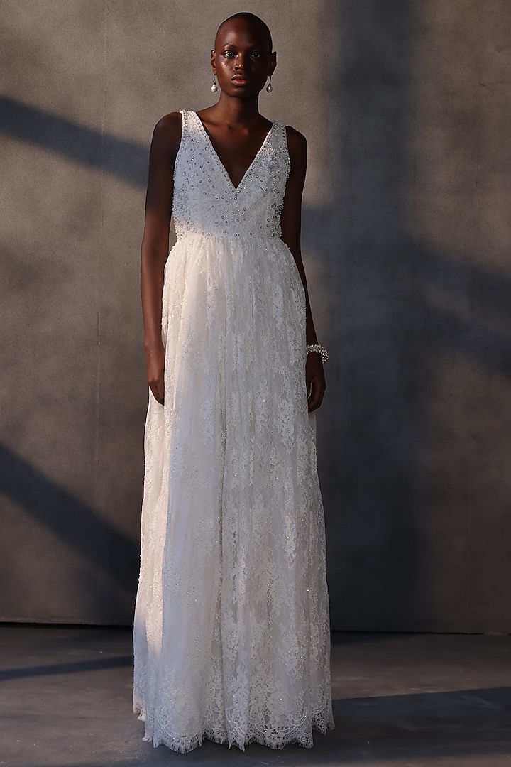 White Chantilly Lace Crystal Embroidered Wedding Gown by Payal Jain at Pernia's Pop Up Shop