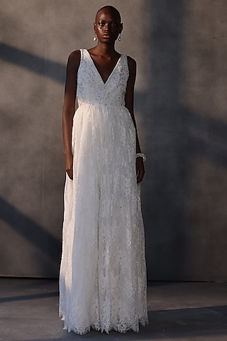 White Chantilly Lace Crystal Embroidered Gown by Payal Jain