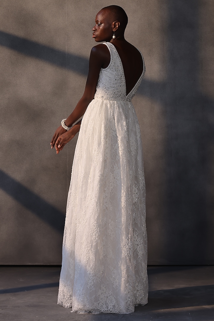 White Chantilly Lace Crystal Embroidered Wedding Gown by Payal Jain at Pernia's Pop Up Shop