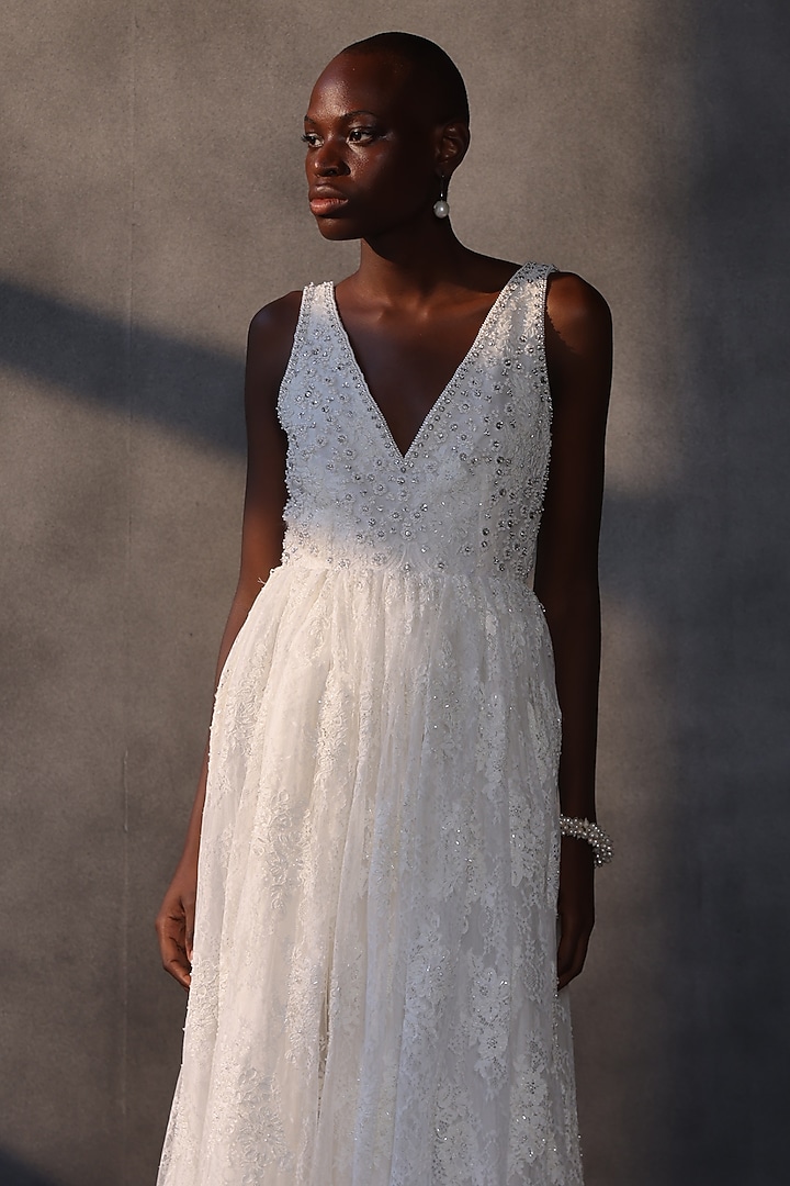 White Chantilly Lace Crystal Embroidered Wedding Gown by Payal Jain at Pernia's Pop Up Shop
