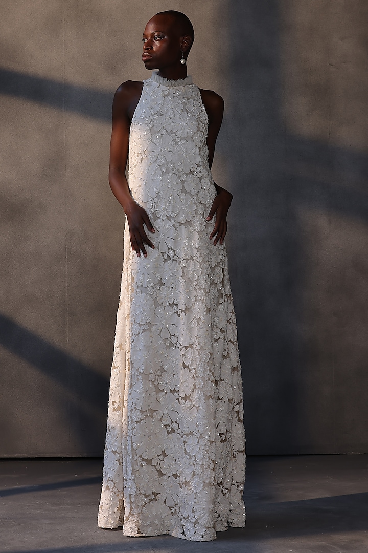 White Lace & Tulle 3D Applique Floral Shift Bridal Gown by Payal Jain at Pernia's Pop Up Shop