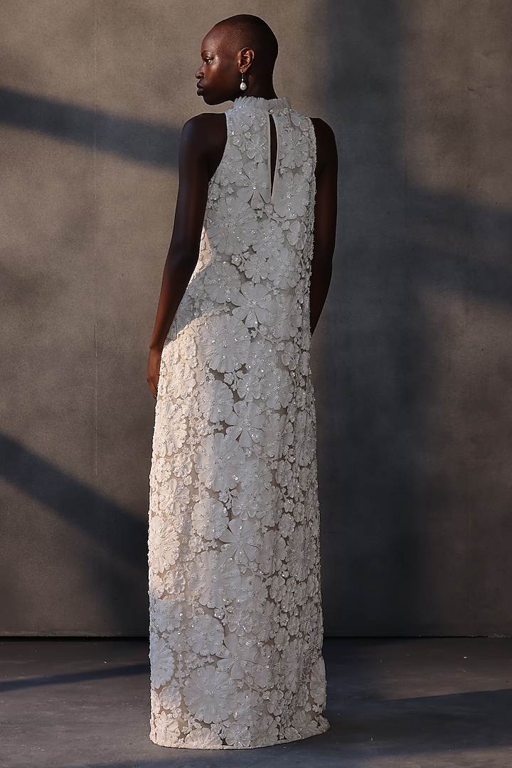 White Lace & Tulle 3D Applique Floral Shift Bridal Gown by Payal Jain at Pernia's Pop Up Shop