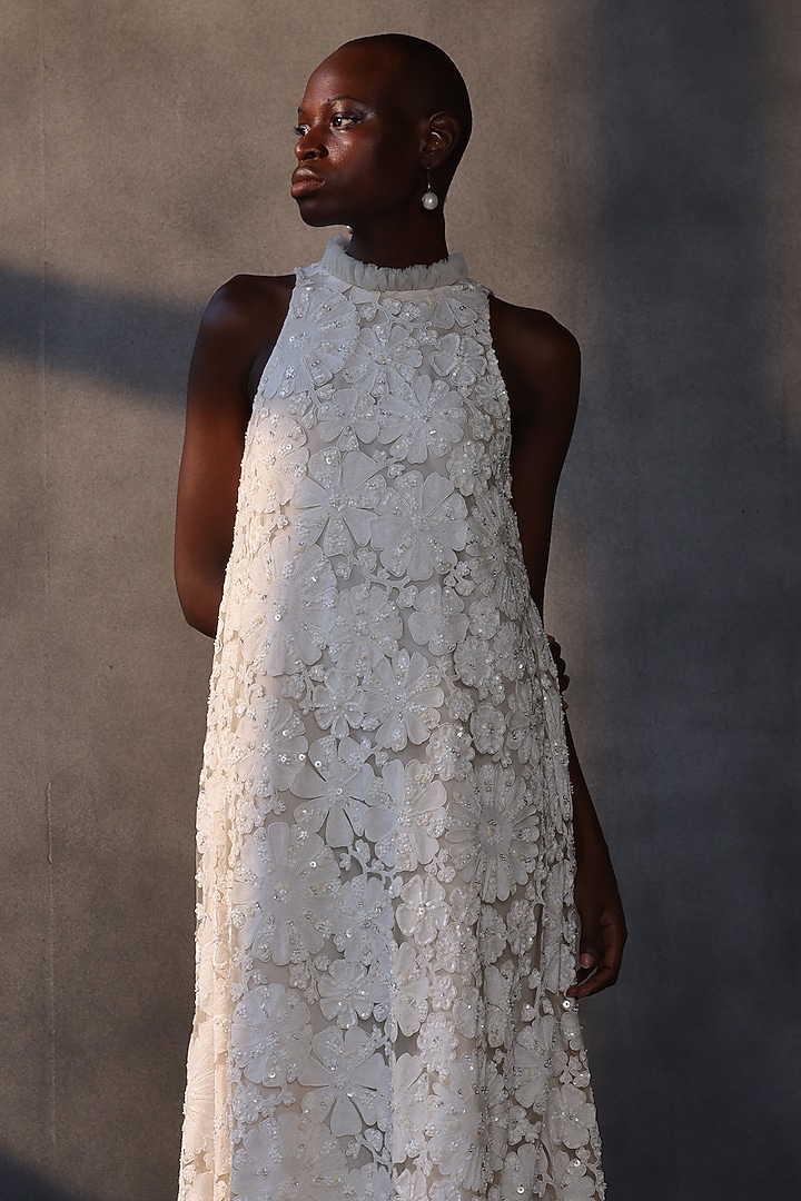 White Lace & Tulle 3D Applique Floral Shift Bridal Gown by Payal Jain at Pernia's Pop Up Shop