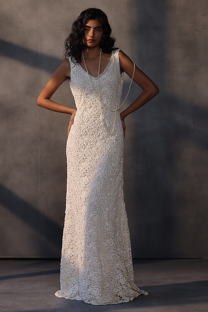 Off-White Guipure Lace Long Bridal Gown by Payal Jain at Pernia's Pop Up Shop