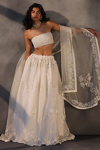 Ivory Lace Floral Applique Voluminous Skirt by Payal Jain