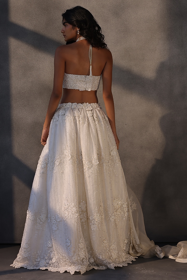 Ivory Lace Floral Applique Voluminous Skirt by Payal Jain at Pernia's Pop Up Shop