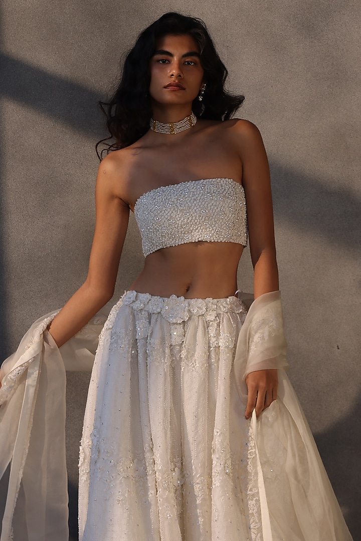 Ivory Lace Floral Applique Voluminous Skirt by Payal Jain at Pernia's Pop Up Shop
