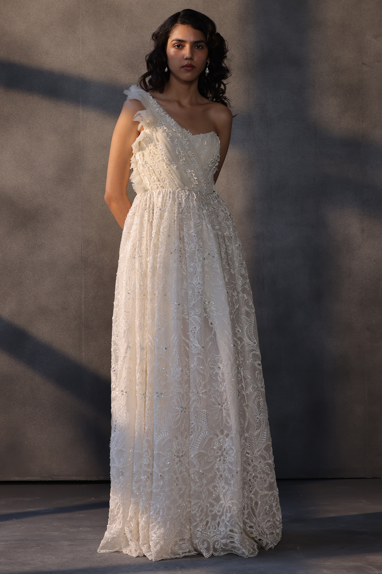 Ivory Organza Draped Corset Bridal Gown by Payal Jain at Pernia's Pop Up Shop