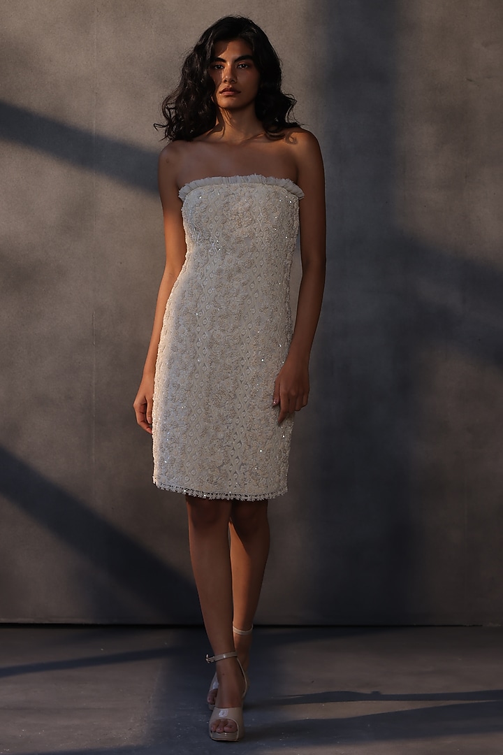 Ivory Georgette Sequins & Bead Embroidered Party Wear Dress by Payal Jain at Pernia's Pop Up Shop