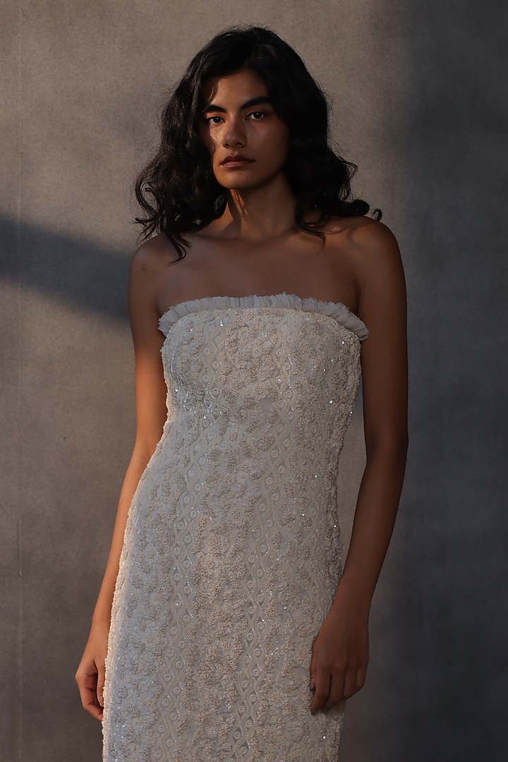Ivory Georgette Sequins & Bead Embroidered Party Wear Dress by Payal Jain at Pernia's Pop Up Shop