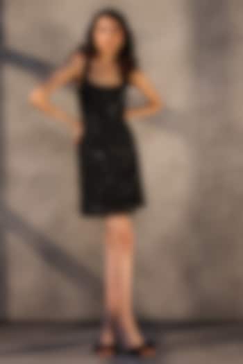 Black Silk Georgette Bugle Bead Embroidered Shift Party Wear Dress by Payal Jain at Pernia's Pop Up Shop