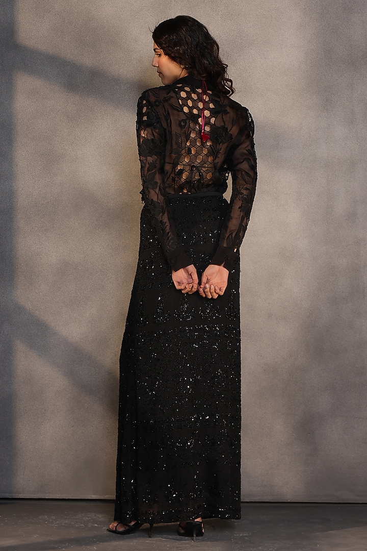 Black Silk Georgette Bugle Bead Embroidered A-Line Skirt by Payal Jain at Pernia's Pop Up Shop