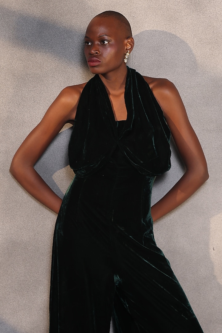 Emerald Green Velvet Jumpsuit by Payal Jain at Pernia's Pop Up Shop