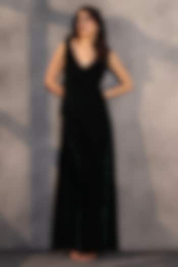 Emerald Green Velvet Draped Engagement Gown by Payal Jain at Pernia's Pop Up Shop