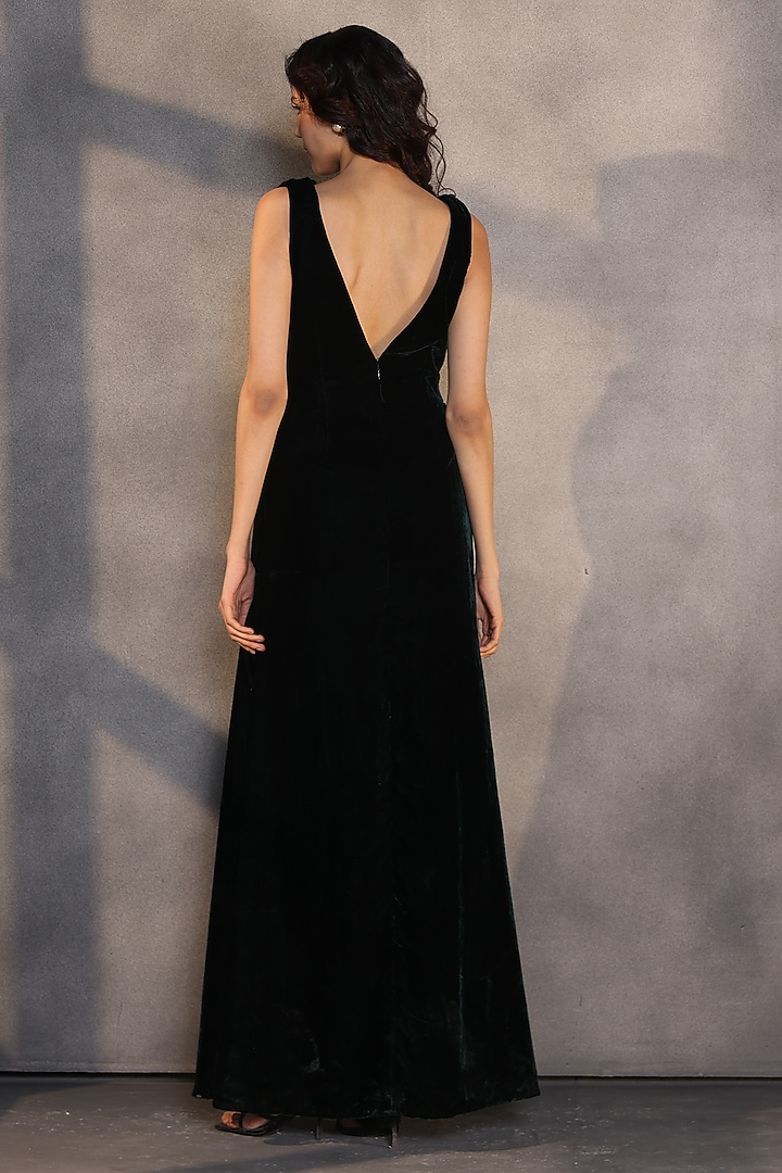 Emerald Green Velvet Draped Engagement Gown by Payal Jain at Pernia's Pop Up Shop