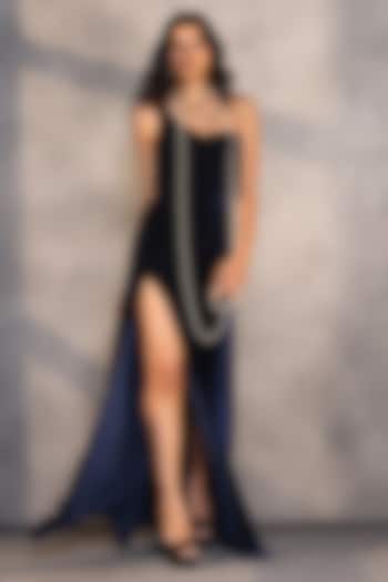 Sapphire Blue Velvet Draped Corset Engagement Gown by Payal Jain at Pernia's Pop Up Shop