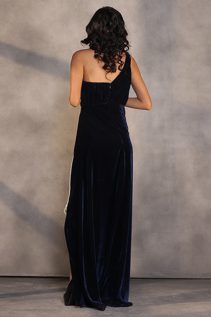 Sapphire Blue Velvet Draped Corset Engagement Gown by Payal Jain at Pernia's Pop Up Shop