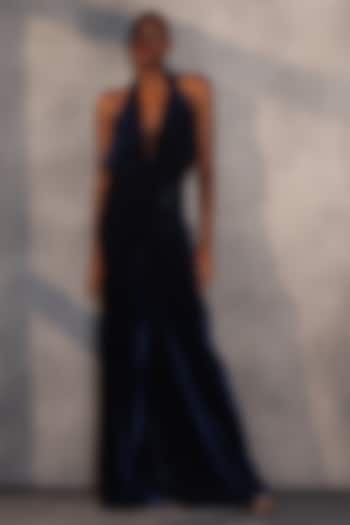 Sapphire Blue Velvet Draped Corset Engagement Gown by Payal Jain at Pernia's Pop Up Shop