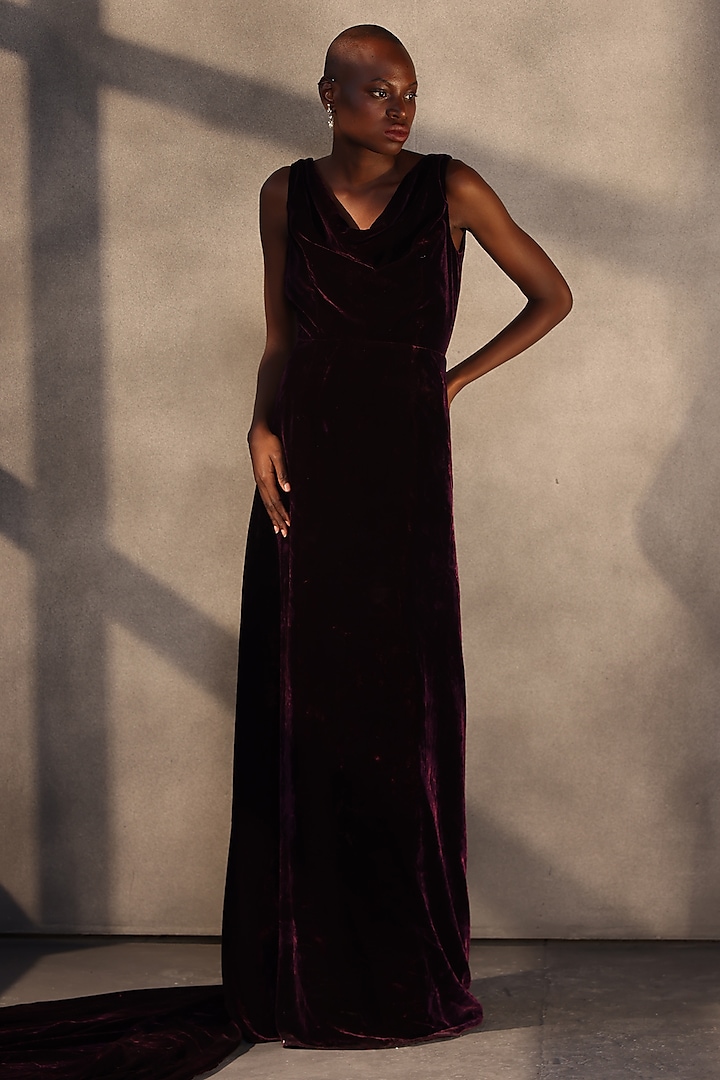 Garnet Velvet Draped Corset Engagement Gown by Payal Jain at Pernia's Pop Up Shop