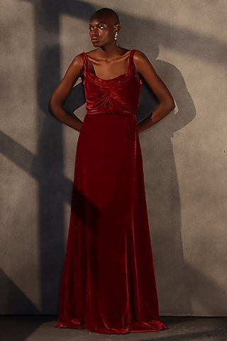 Ruby Red Velvet Draped Gown by Payal Jain