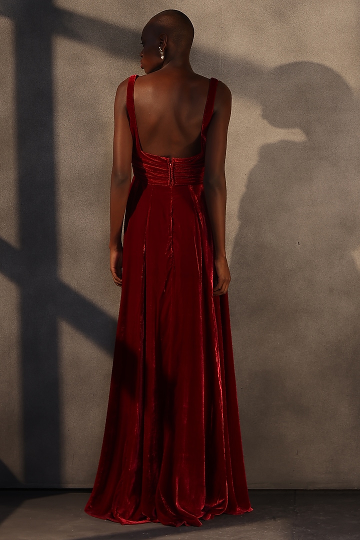 Ruby Red Velvet Draped Engagement Gown by Payal Jain at Pernia's Pop Up Shop