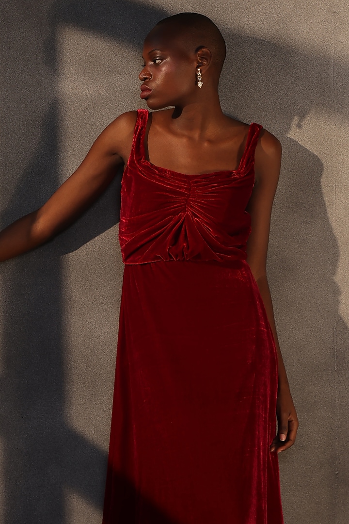 Ruby Red Velvet Draped Engagement Gown by Payal Jain at Pernia's Pop Up Shop