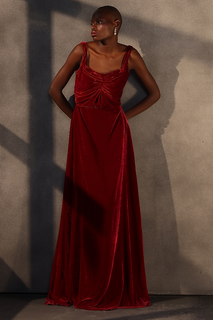 Ruby Red Velvet Draped Engagement Gown by Payal Jain at Pernia's Pop Up Shop