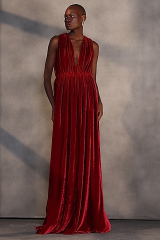Ruby Red Velvet Draped Gown by Payal Jain
