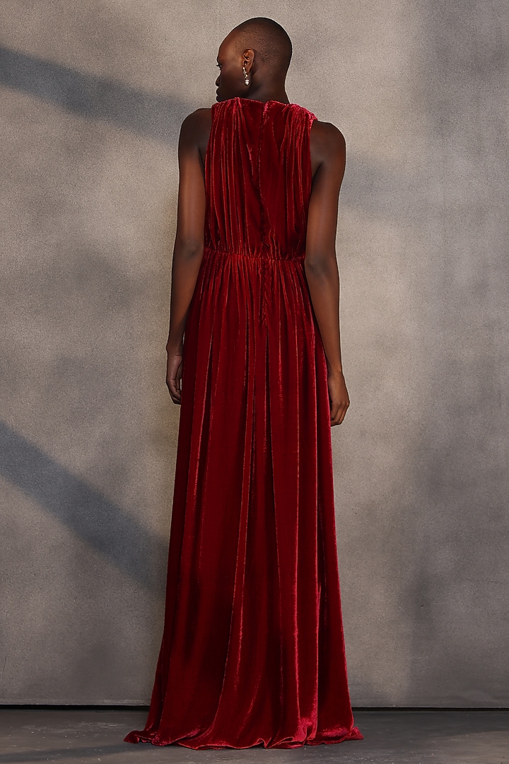 Ruby Red Velvet Draped Engagement Gown by Payal Jain at Pernia's Pop Up Shop