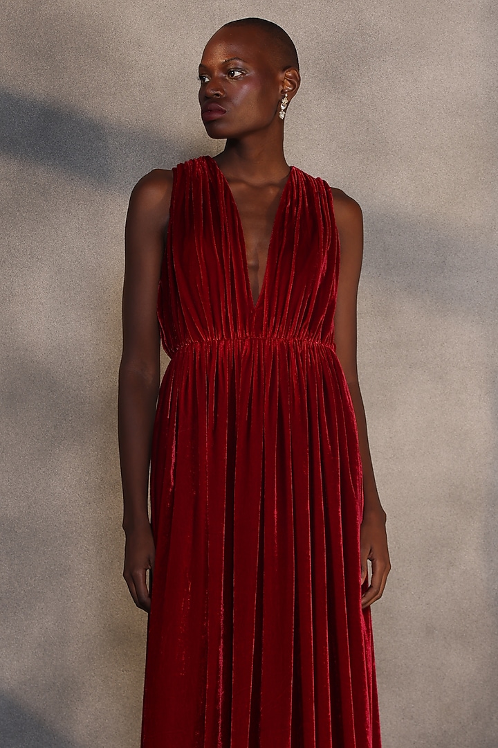 Ruby Red Velvet Draped Engagement Gown by Payal Jain at Pernia's Pop Up Shop