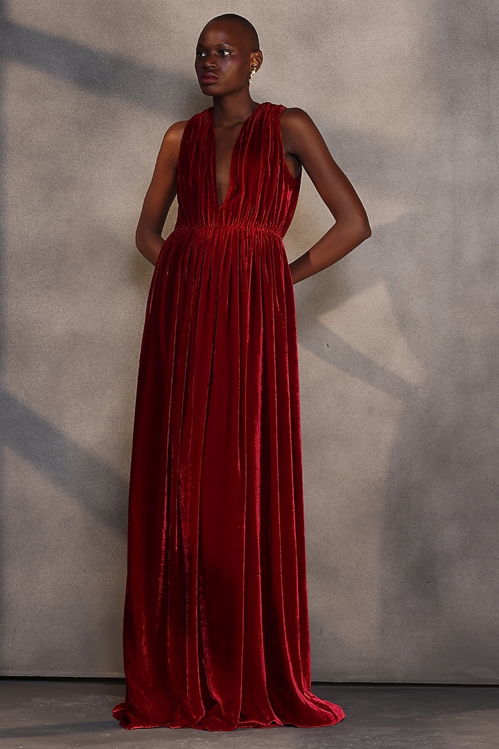 Ruby Red Velvet Draped Engagement Gown by Payal Jain at Pernia's Pop Up Shop