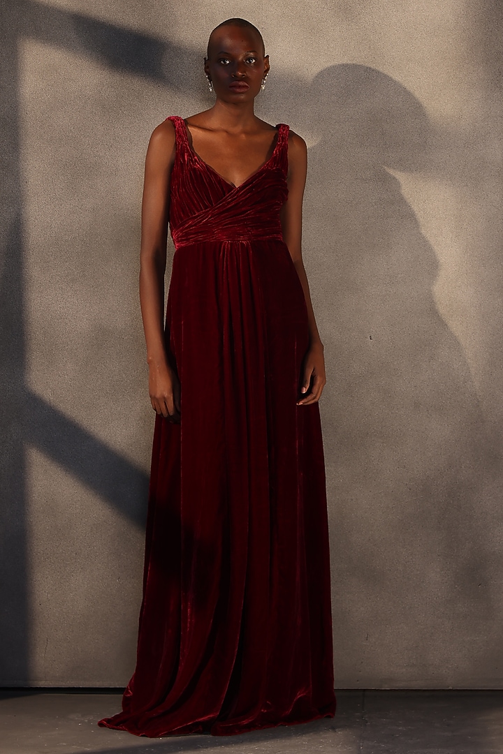 Burgundy Velvet Draped Engagement Gown by Payal Jain at Pernia's Pop Up Shop