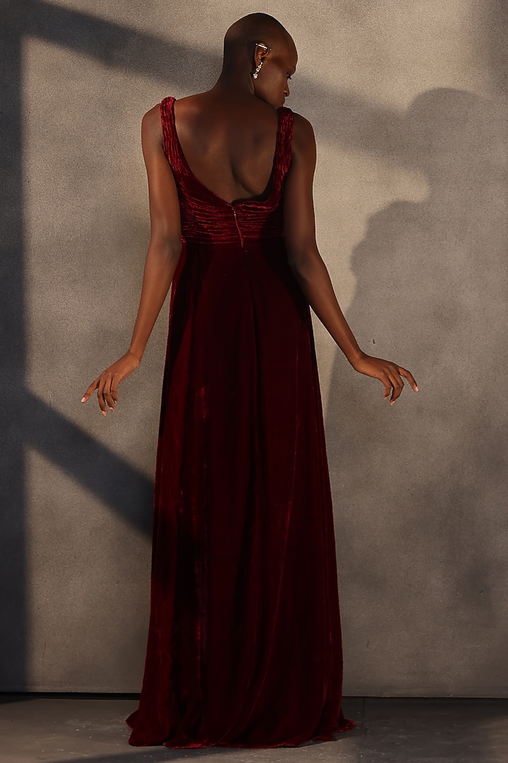 Burgundy Velvet Draped Engagement Gown by Payal Jain at Pernia's Pop Up Shop