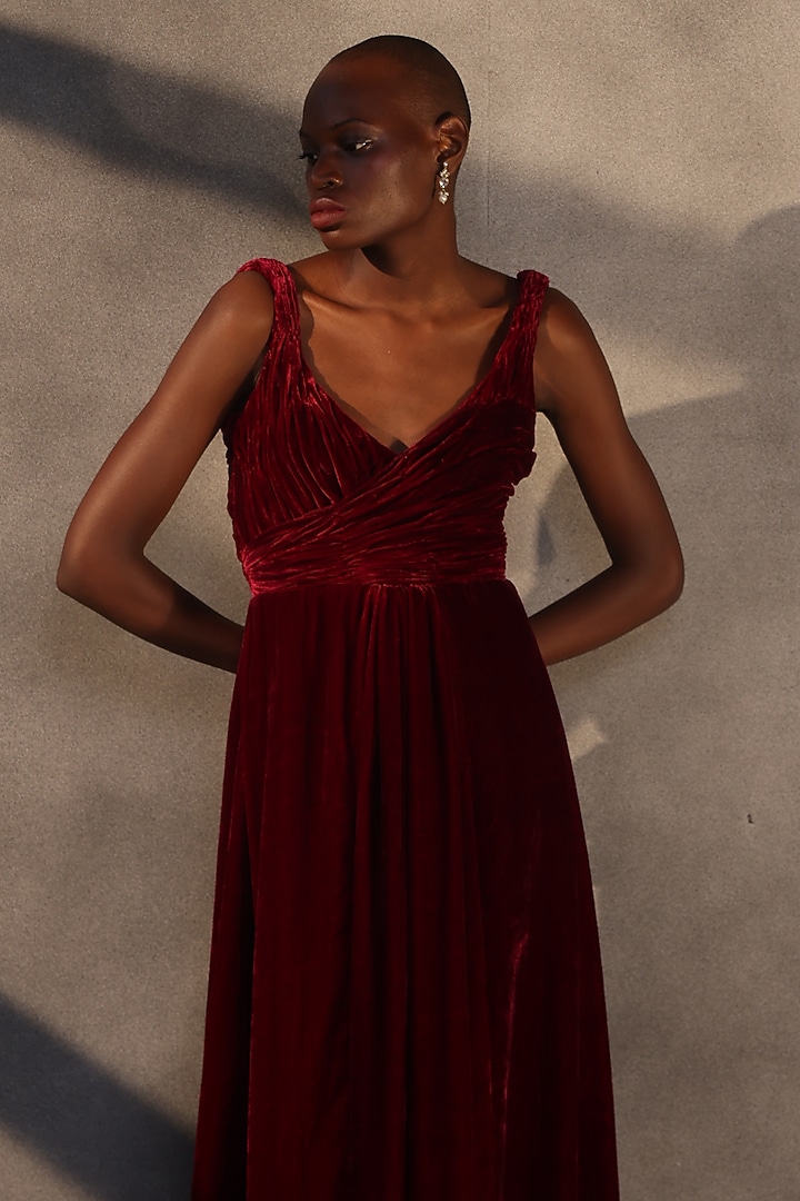 Burgundy Velvet Draped Engagement Gown by Payal Jain at Pernia's Pop Up Shop