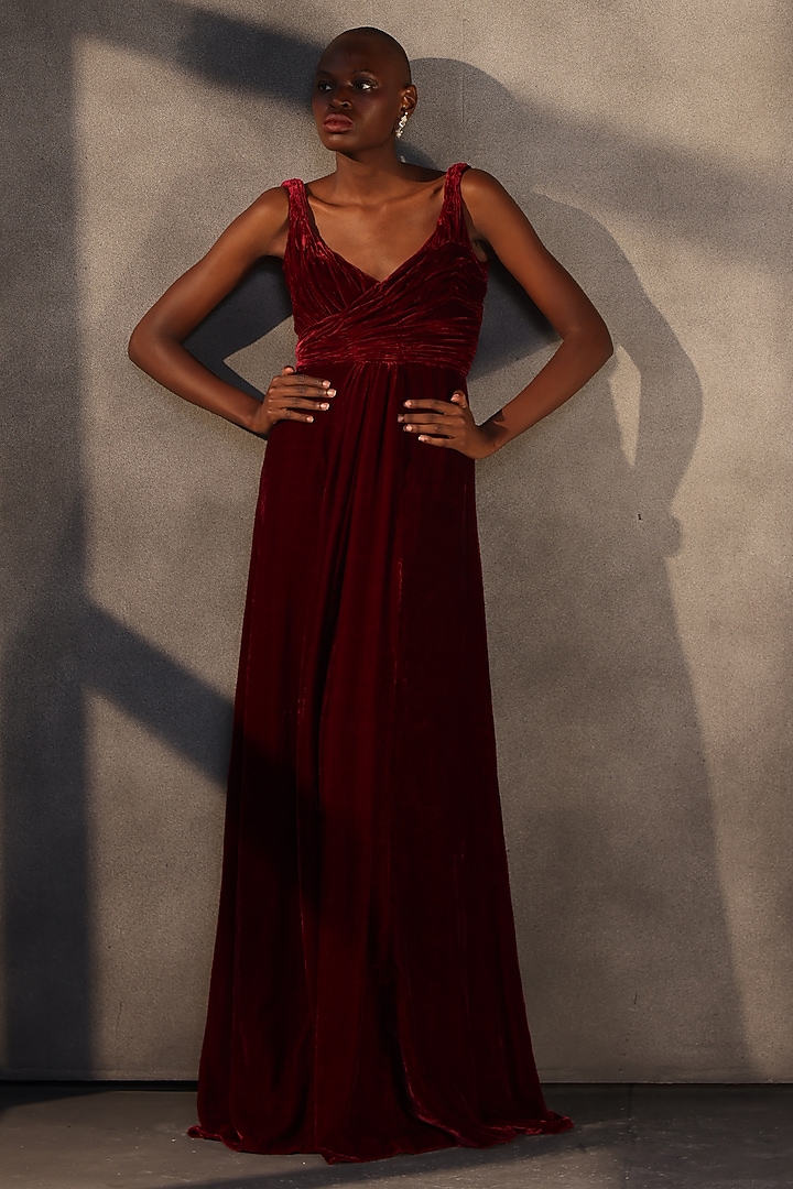 Burgundy Velvet Draped Engagement Gown by Payal Jain at Pernia's Pop Up Shop