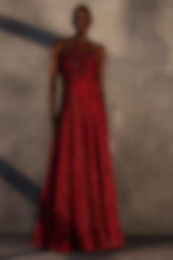 Ruby Red Lace Embroidered Panelled Party Wear Dress by Payal Jain at Pernia's Pop Up Shop