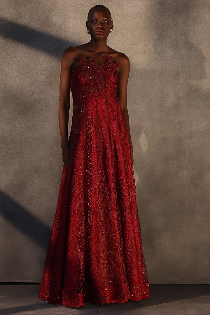 Ruby Red Lace Embroidered Panelled Party Wear Dress by Payal Jain at Pernia's Pop Up Shop