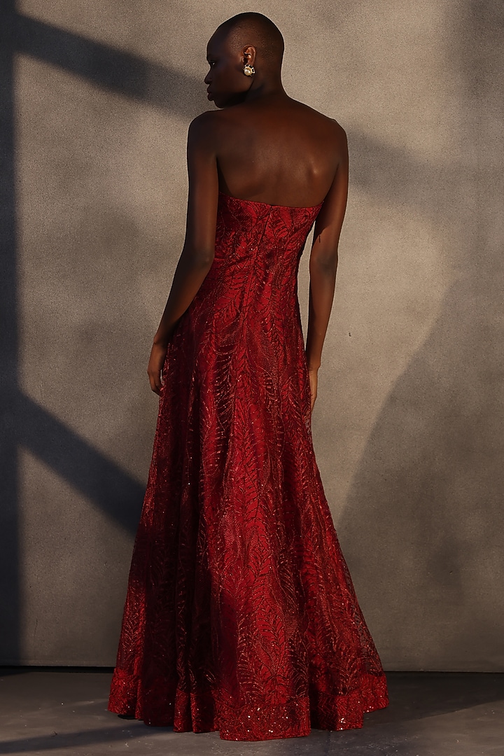 Ruby Red Lace Embroidered Panelled Party Wear Dress by Payal Jain at Pernia's Pop Up Shop
