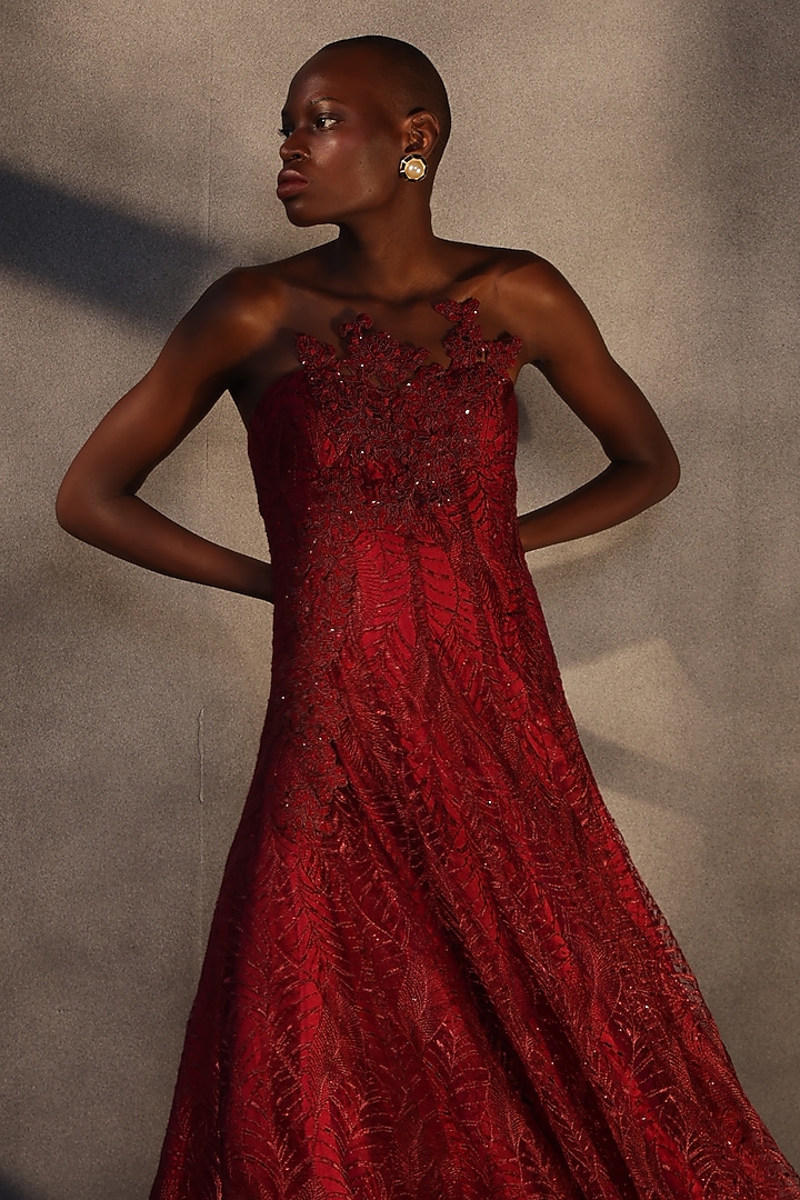 Ruby Red Lace Embroidered Panelled Party Wear Dress by Payal Jain at Pernia's Pop Up Shop