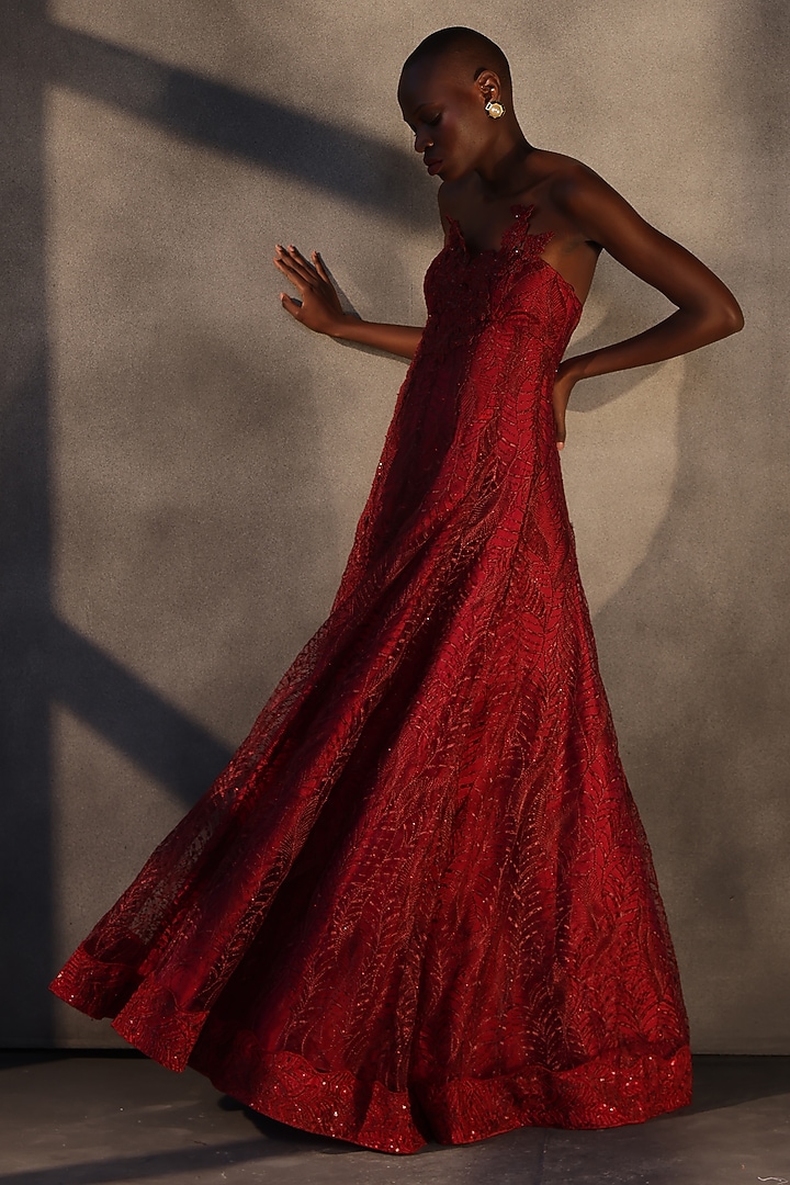 Ruby Red Lace Embroidered Panelled Party Wear Dress by Payal Jain at Pernia's Pop Up Shop