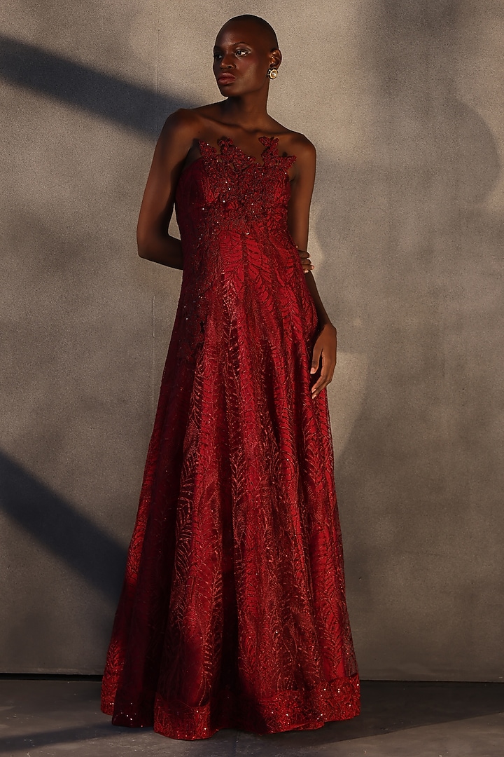 Ruby Red Lace Embroidered Panelled Party Wear Dress by Payal Jain at Pernia's Pop Up Shop