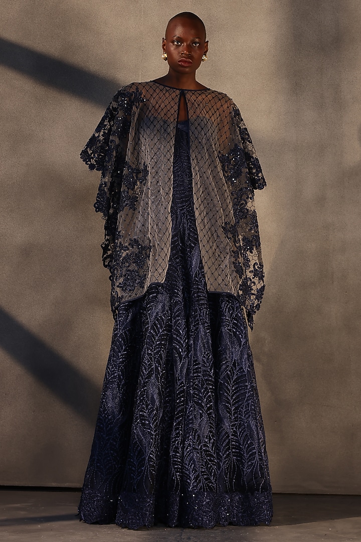 Sapphire Blue Lace Embroidered Panelled Party Wear Dress by Payal Jain at Pernia's Pop Up Shop