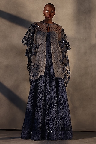 Sapphire Blue Lace Embroidered Panelled Dress by Payal Jain
