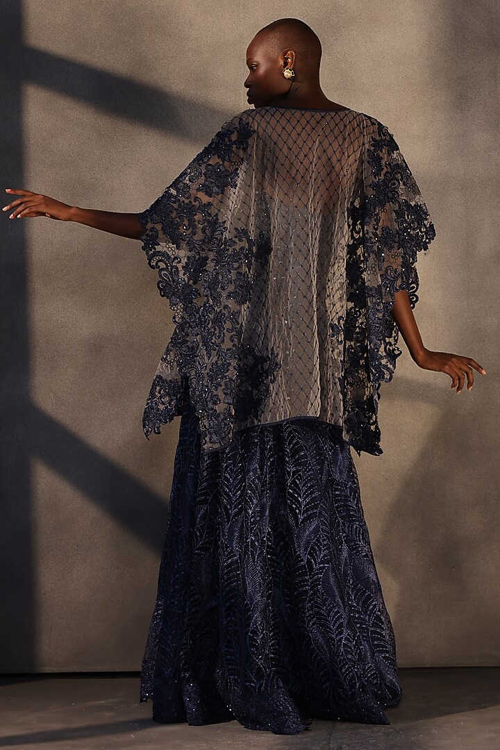 Sapphire Blue Lace Embroidered Panelled Party Wear Dress by Payal Jain at Pernia's Pop Up Shop