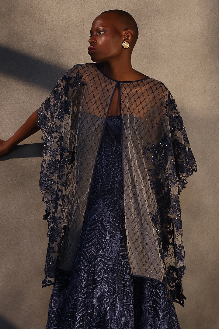 Sapphire Blue Lace Embroidered Panelled Party Wear Dress by Payal Jain at Pernia's Pop Up Shop